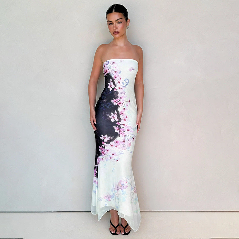 Arrival Floral Print Strapless Dress Summer Slim Fit Sexy Fishtail Dress
