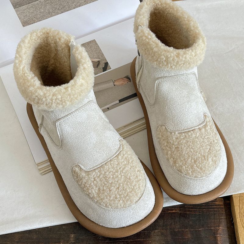 Soft Bottom Fur Mouth Side Zip Short Boots Women Thick Bottom Fleece Lined round Toe Color Blocking Ankle Boots