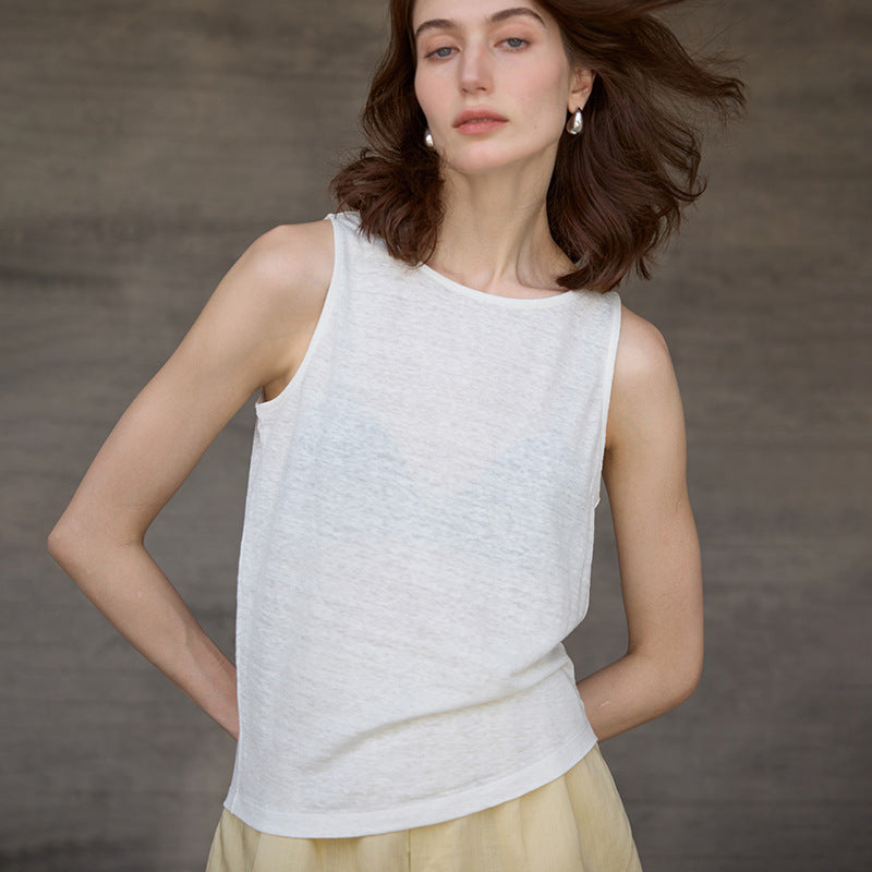 Hemp Sleeveless Top High End Gray round Collar Transparent Sweater Summer Inner Wear Women Lightweight Vest