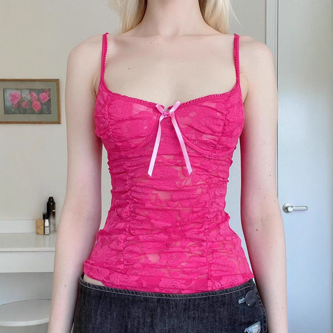 Sexy Sweet Spicy Rose Red Lace Bow Tied V neck Waist Trimming Spaghetti Straps Small Vest Sexy Backless Top
