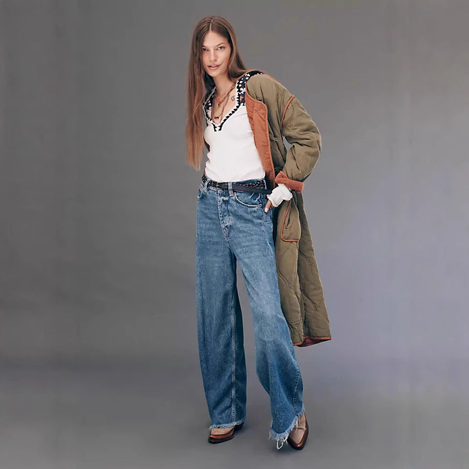 Retro Washed High Waist Drooping Straight Wide Leg Denim Trousers