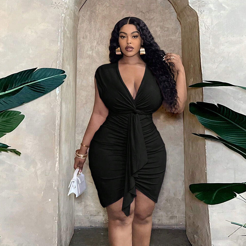 Plus Size Women Sexy Dress Summer V neck Tight Waist Ruffle Hip Short Dress