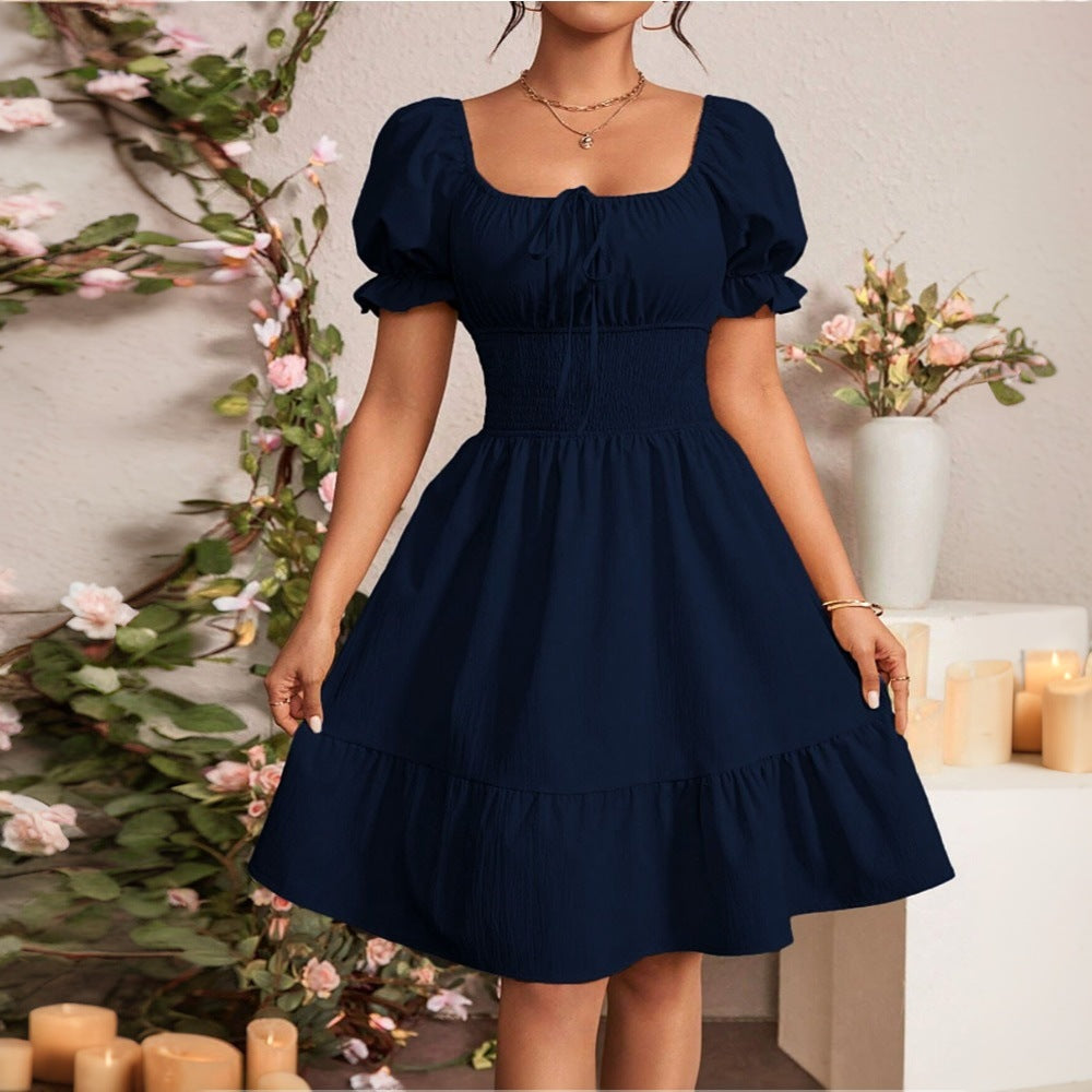 Elegant Gentle Square Collar Backless Solid Color Design Mid Length Dress