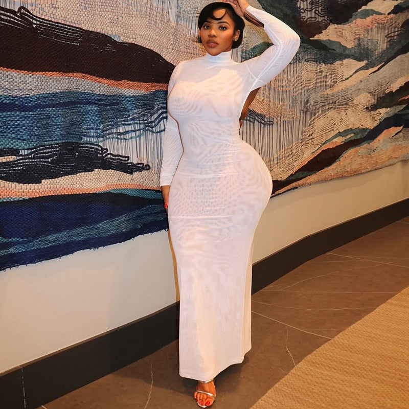 Elegant Slim Women Sexy Backless Hip Dress Stand Collar Long Sleeve Solid Color Slimming Maxi Dress