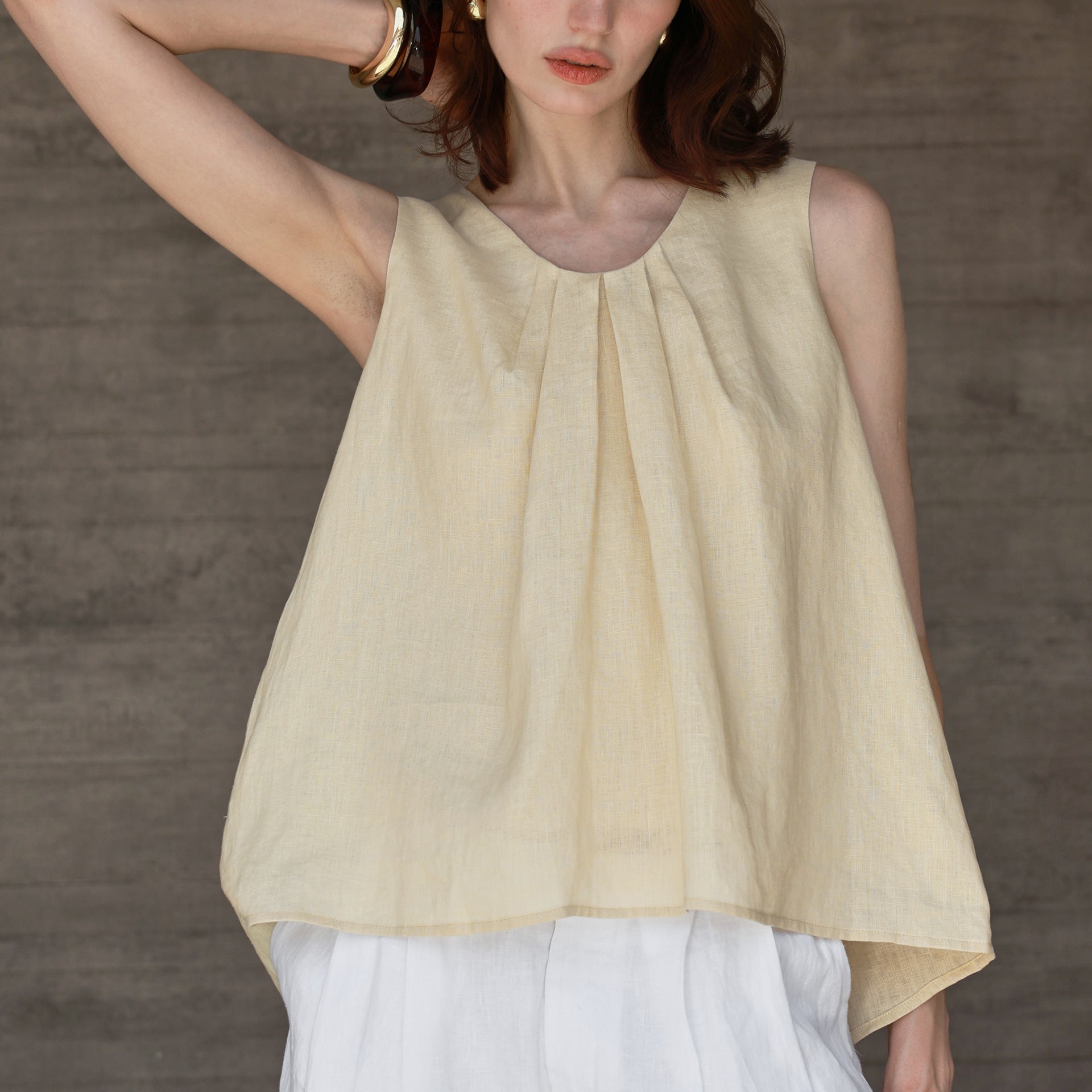 Pure Linen round Neck Sleeveless Vest Women Front Box Pleat Design Sleeveless Top Solid Color Camisole