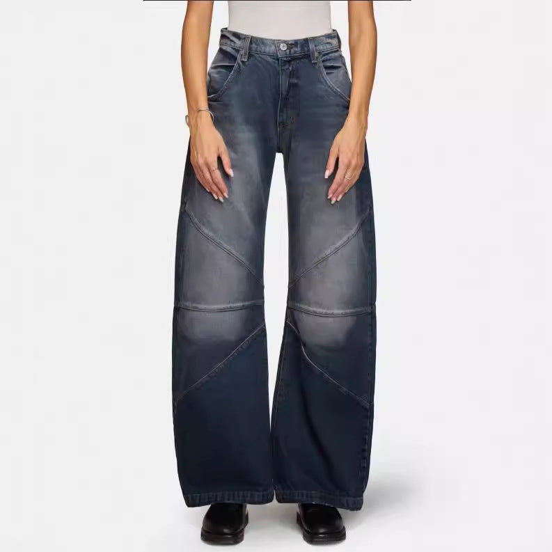Fashionable Pleated Washed Jeans High Street Drooping Straight Distressed Casual Mopping Trousers