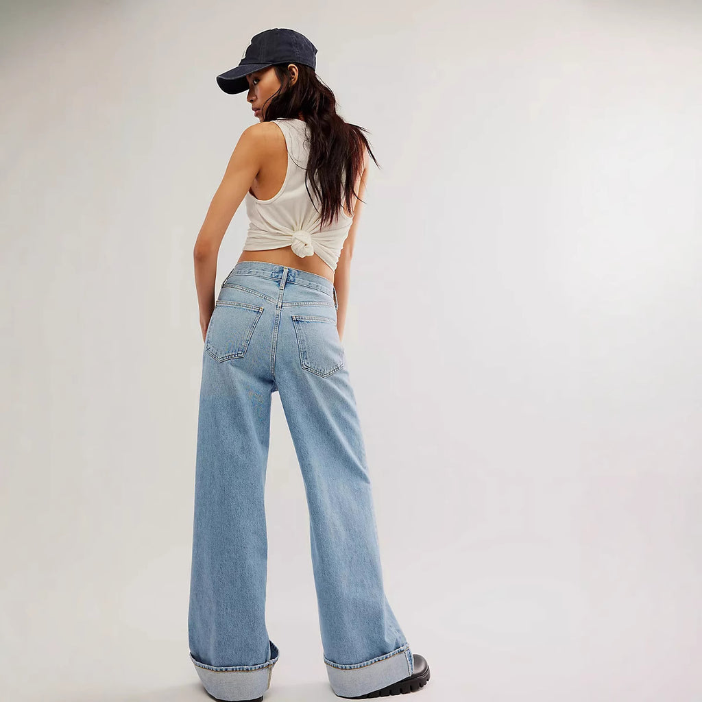 Retro High Waist Slimming Straight Casual Wide Leg Loose Washed Design Jeans