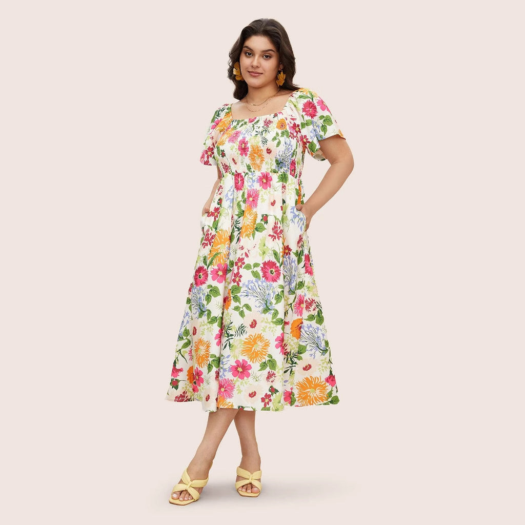 Plus Size Summer Dress Square Collar Loose Maxi Dress High Waist Print Short Sleeve Dress