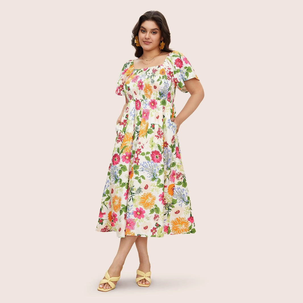 Plus Size Summer Dress Square Collar Loose Maxi Dress High Waist Print Short Sleeve Dress