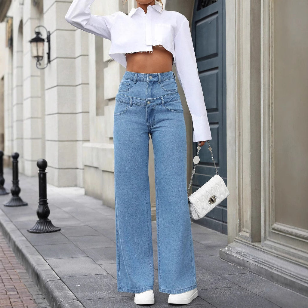 Women Clothing Autumn Winter Double Waist Head Wide Leg Straight Pants