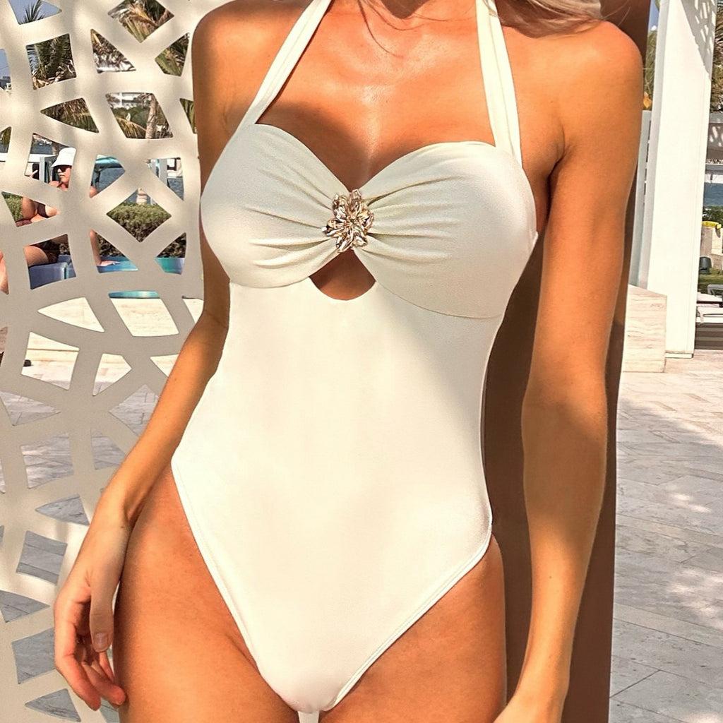 Ladies One Piece Metal Floral Lace up One Piece Bikini Swimsuit Bikini