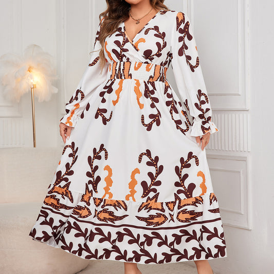 Plus Size Dress Printed Long Sleeve V neck Maxi Dress