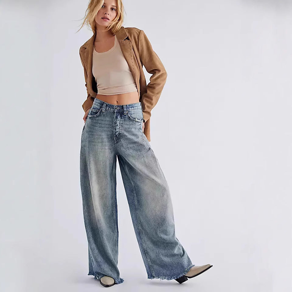 Retro Washed High Waist Drooping Straight Wide Leg Denim Trousers