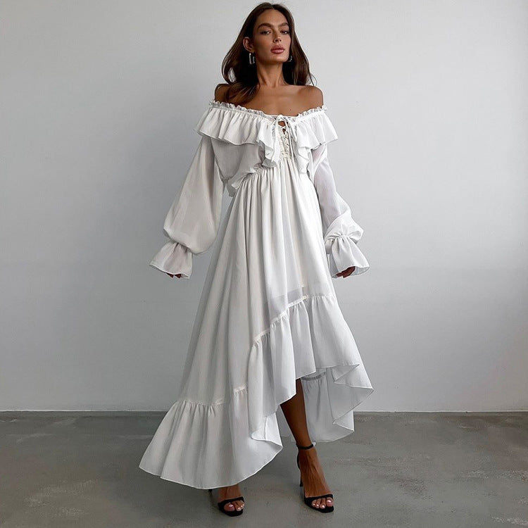 Drawstring V neck Flared Sleeves Chiffon Dress Asymmetric Design White Casual Long A line Dress