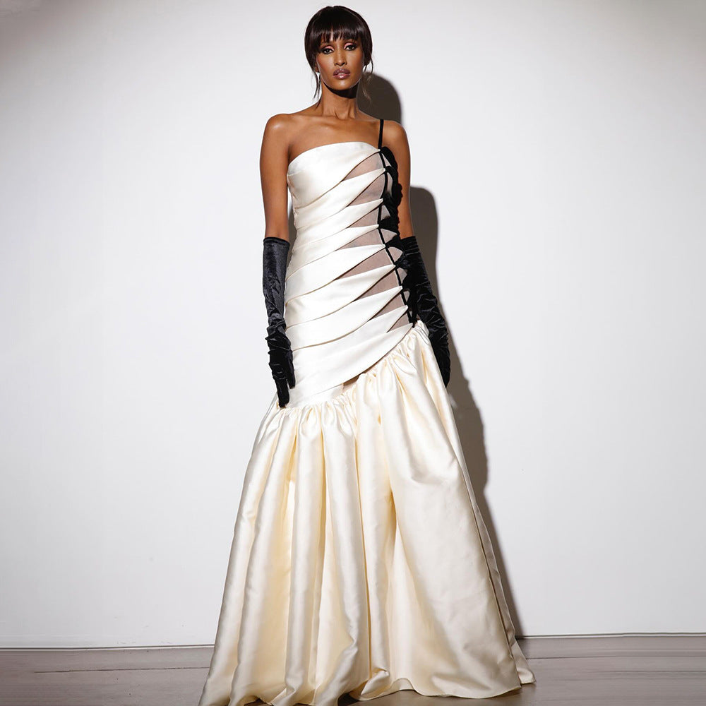 Spring Summer Tube Top Fishtail Dress One Shoulder Black White Contrast Color Satin High Grade Cocktail Formal Maxi Dress Women