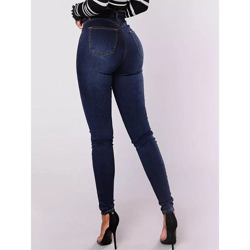 High Waist Casual Jeans Trousers Trendy Double Row Multi Button Slim Stretch Jeans Women