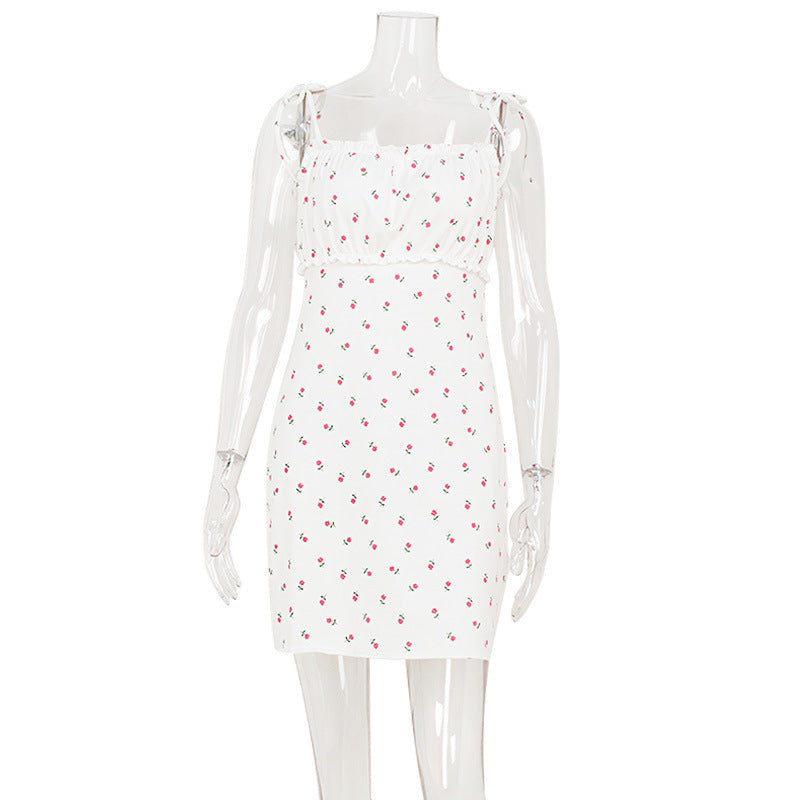 Summer Fresh Sweet Floral Strap Small High Waist Dress