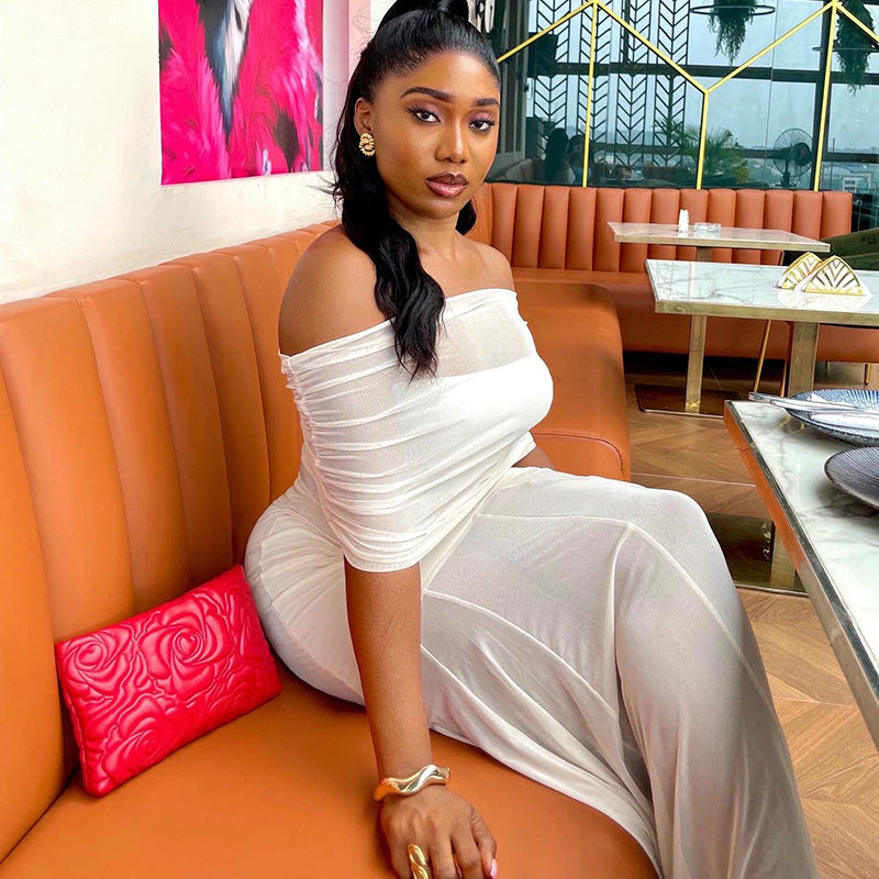 Fresh Elegant Women off Shoulder Pleated Hip Tube Top Slightly Transparent Hipster Dress