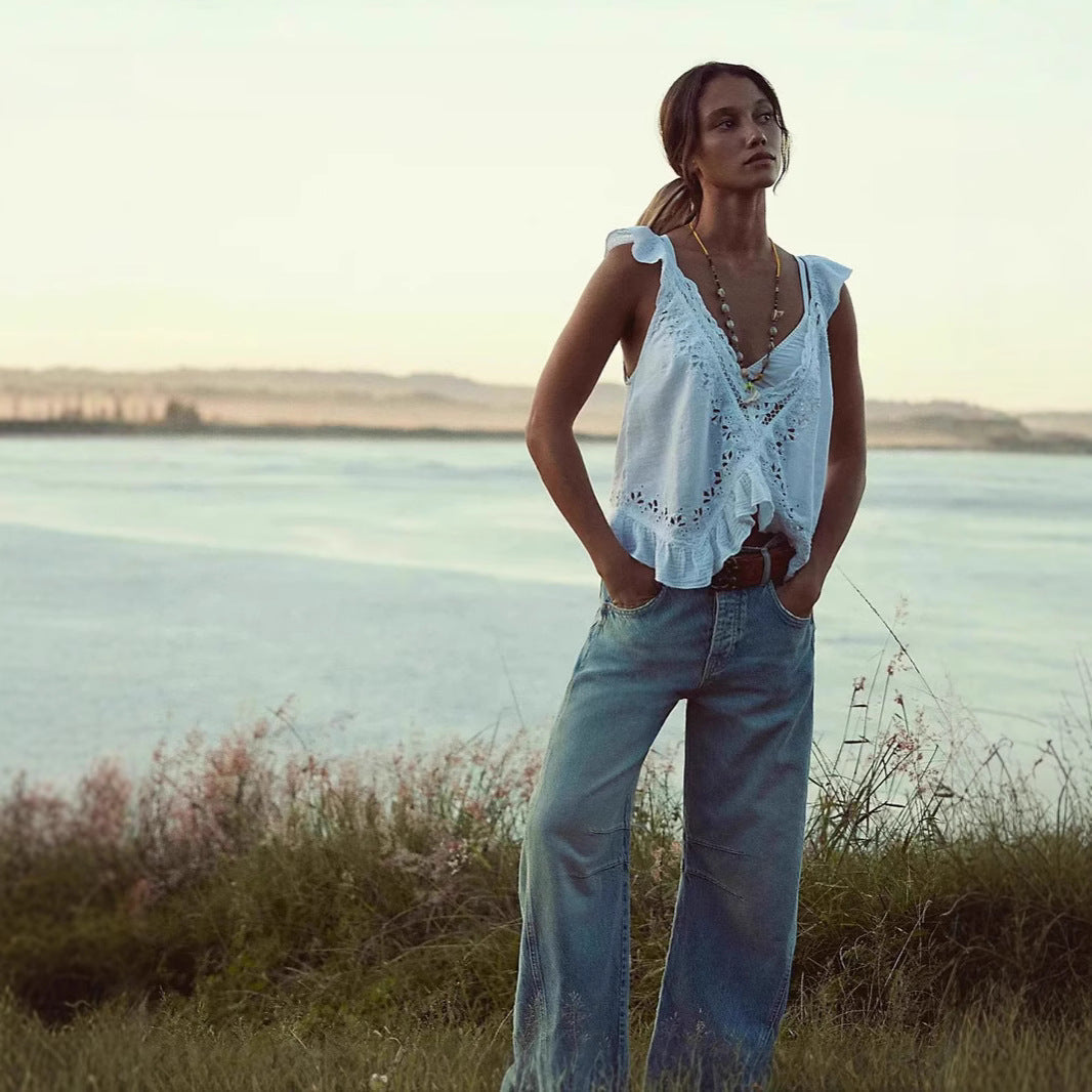 Autumn Washed out Vintage Mid Waist Elegant Denim Trousers Casual Pants Jeans
