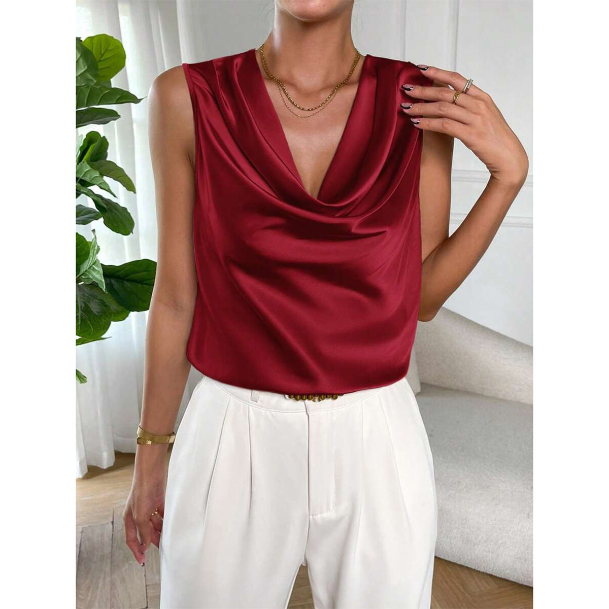 Women Satin Shirt Women Spring Summer Embellished Pleated Sleeveless Satin Faux Silk Shirt Top