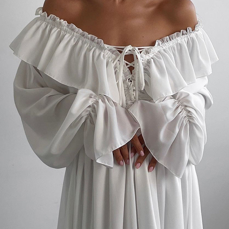 Drawstring V neck Flared Sleeves Chiffon Dress Asymmetric Design White Casual Long A line Dress