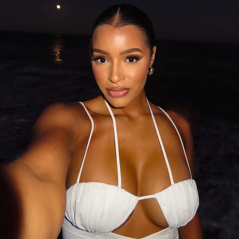 Hollow Out Cutout Solid Color Sheath Split Asymmetric Slim Fit Backless Halter Length Dress Women