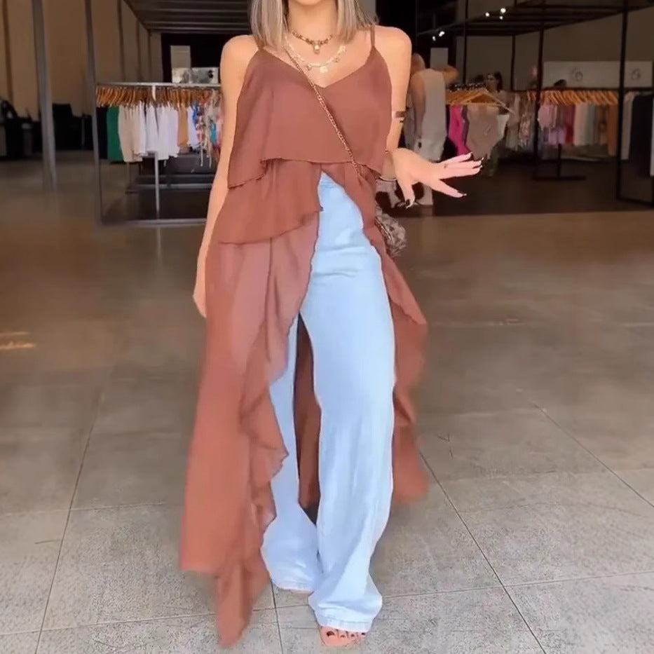 Women Clothing Spring Summer Sexy V neck Flounce Irregular Asymmetric Spaghetti Strap Dress