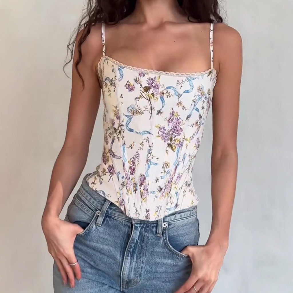 French Romantic Court Floral Purple Boning Corset Lace Splicing Sling Vest Sexy Cinched Waist Slim Fit Top