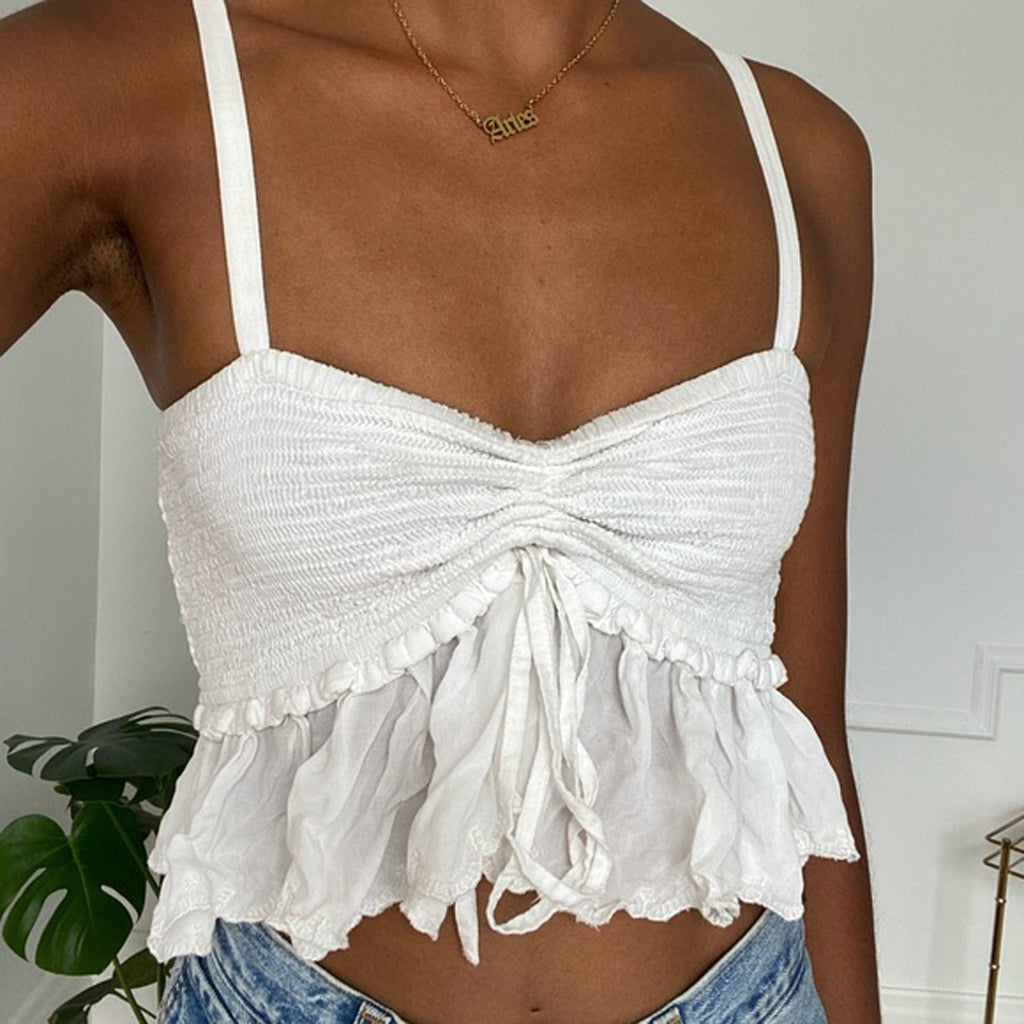 Sexy Solid Color Sling Top Pleated Drawstring Lace Irregular Asymmetric Short Sexy Top