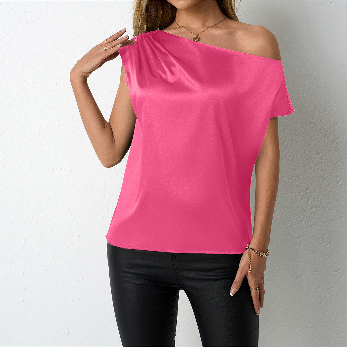Women Clothing Spring Summer Satin Shirt Artificial Silk Irregular Asymmetric Shoulder off Shoulder Sleeveless Top