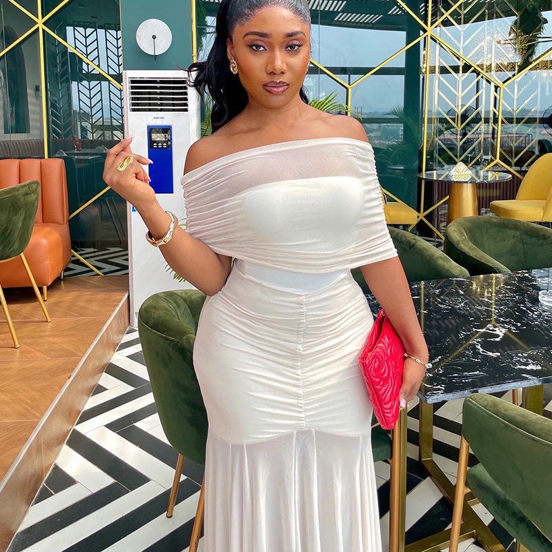 Fresh Elegant Women off Shoulder Pleated Hip Tube Top Slightly Transparent Hipster Dress