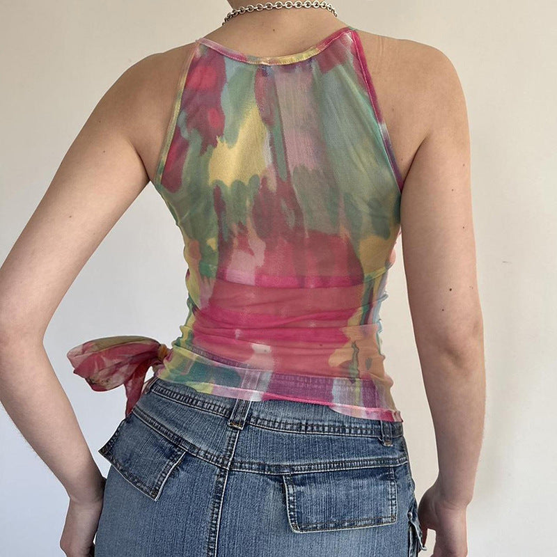 Women Clothing Vacation Color Abstract Printing Pleated V neck Bandage Bow Vest