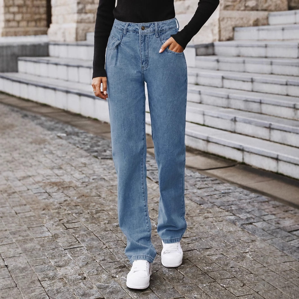 Women Clothing Straight High Waist Slimming Fashionable Jeans Trousers