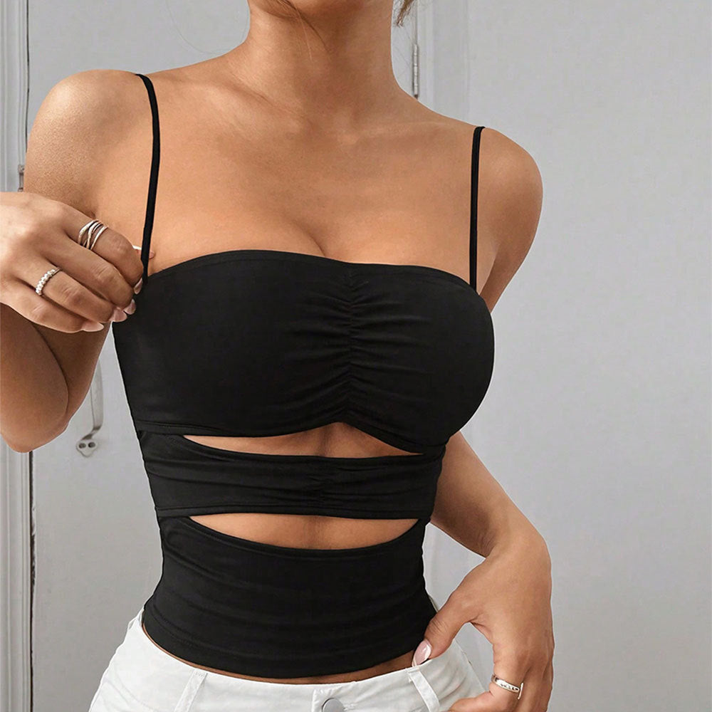 Women Clothing Hollow Out Cutout Thin Strappy T shirt Summer Waist Controlled Slim Fit Slimming Top