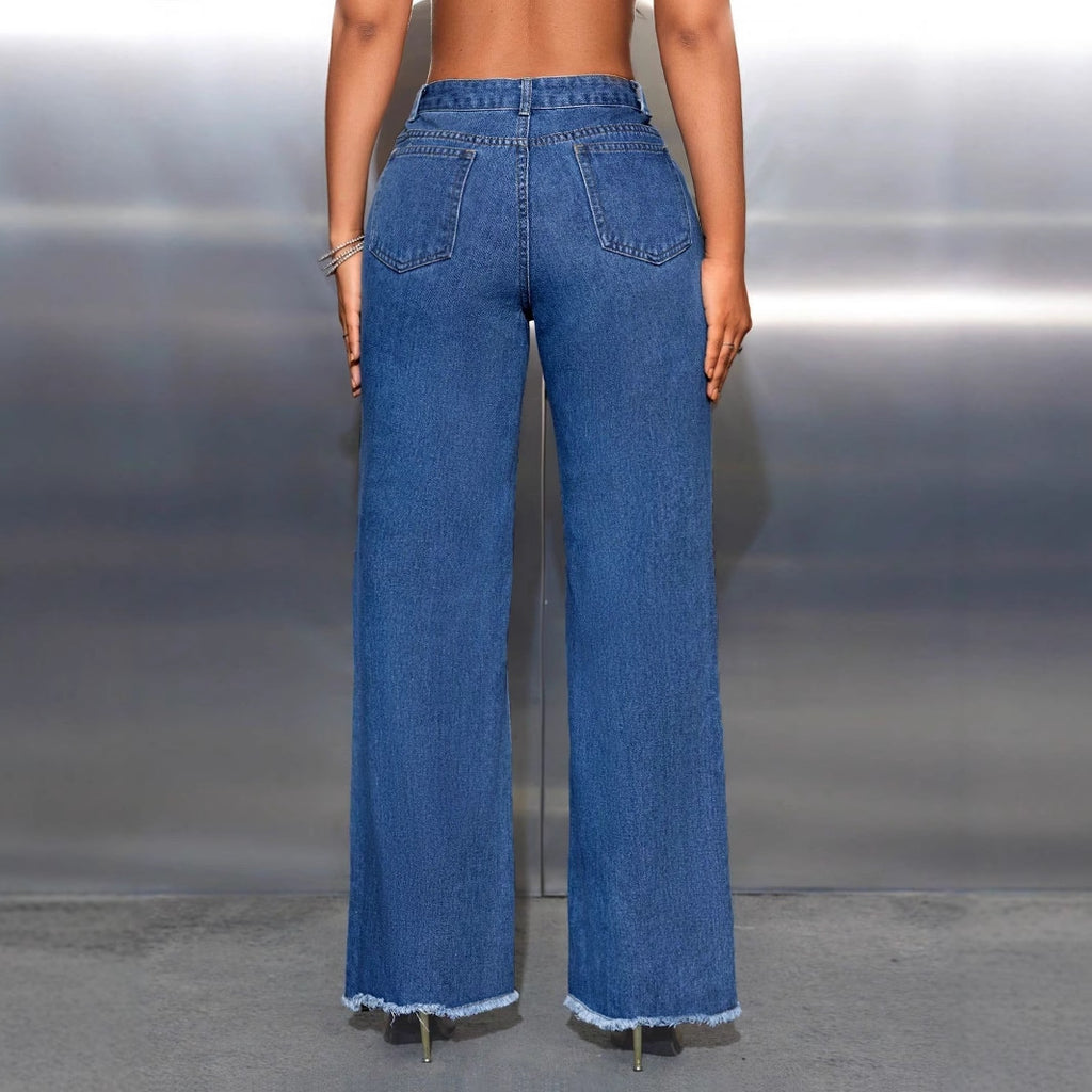 Women Clothing Casual Ripped Wide Leg Denim Trousers