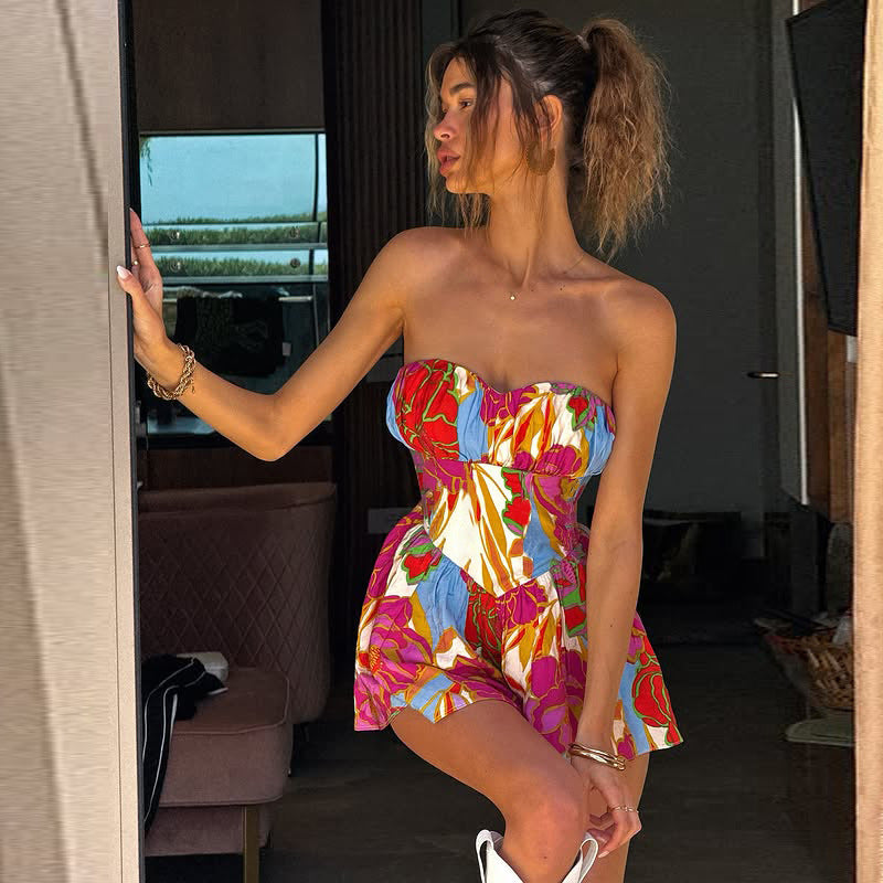 Summer Women Sexy Tube Top Cinched Waist Backless Printing Dress
