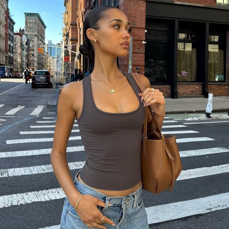 Women Clothing Spring Summer Sexy Solid Color Sleeveless Square Collar Inner Wear Base Small Tank Top