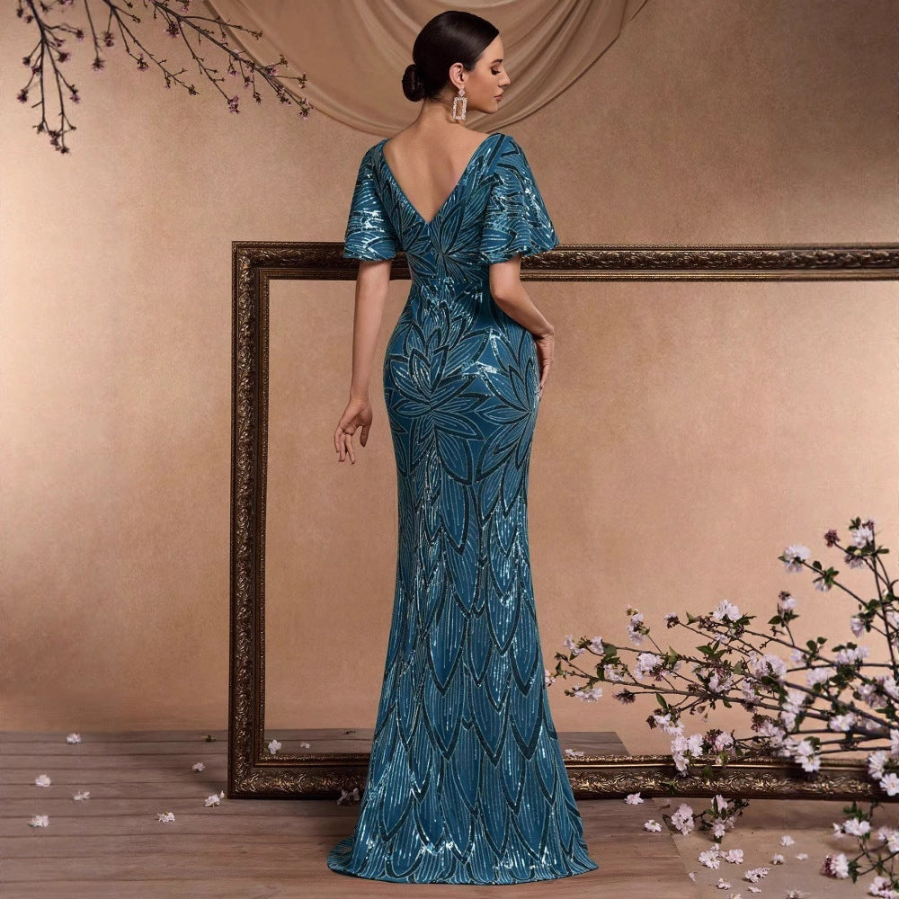Robe de cocktail élégante à manches courtes et paillettes, col en V, élégante, formelle, pour le printemps et l'été, style sirène