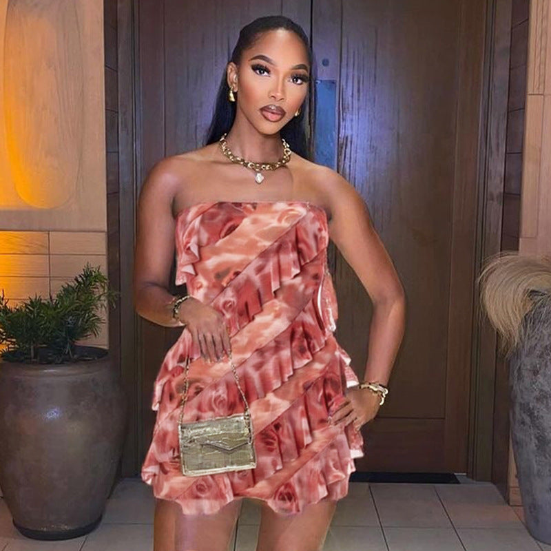 Women Clothing Spring Summer Ruffled Mesh Tube Top Mini Rose Print Sheath Dress
