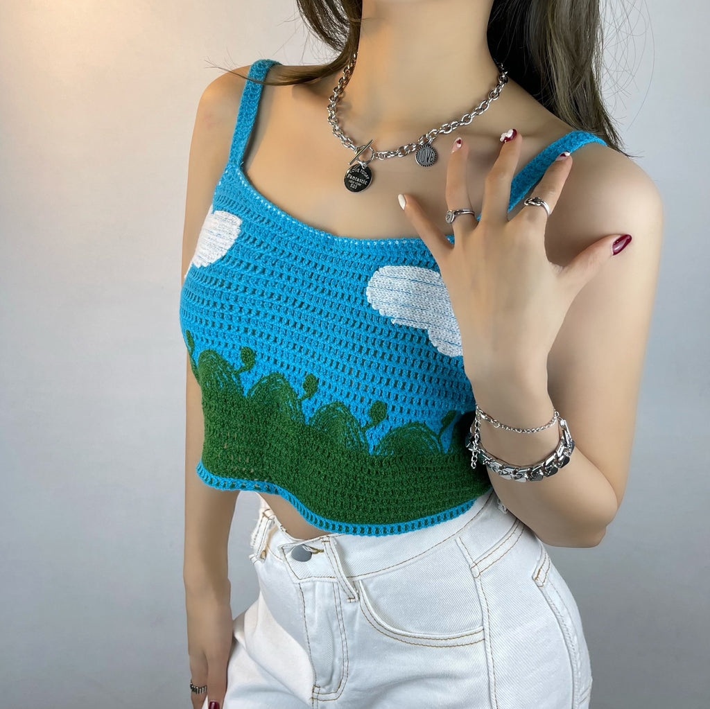 Spring Summer Fresh Blue Cloud Knitted Vest Camisole Exposed All Matching Short