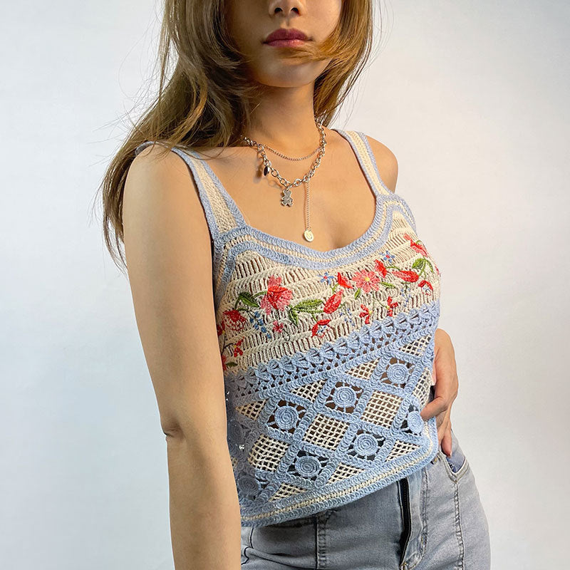 Gilet ethnique de rue brodé à l'aiguille, camisole tissée ajourée et découpée, haut court et slim