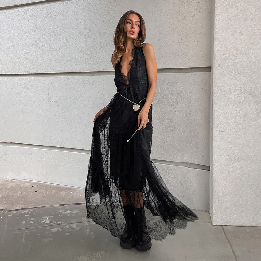 Sexy Black Brocade Lace Dress All Matching Sexy V-neck Loose Backless Women Dress