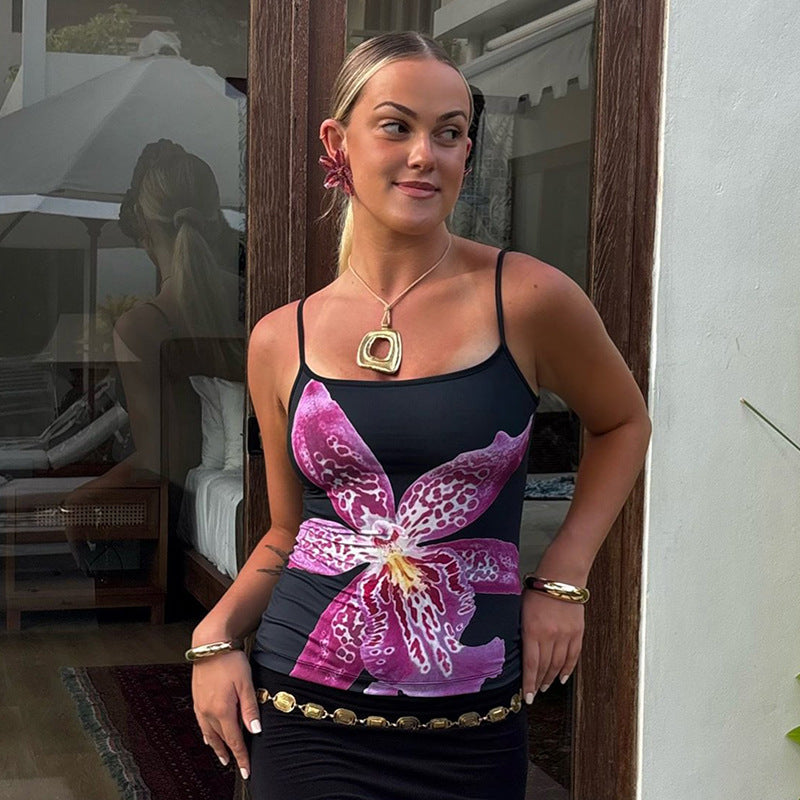 Women Clothing Spring Summer Printing Color Contrast Slim Fit Short Sleeve Strappy Vest