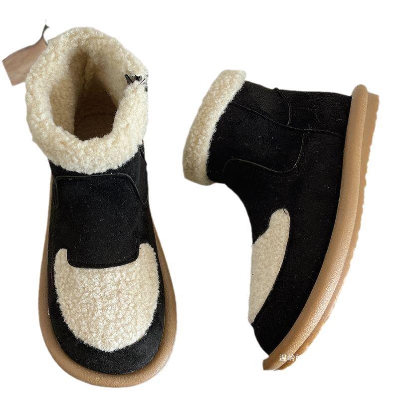 Soft Bottom Fur Mouth Side Zip Short Boots Women Thick Bottom Fleece Lined round Toe Color Blocking Ankle Boots