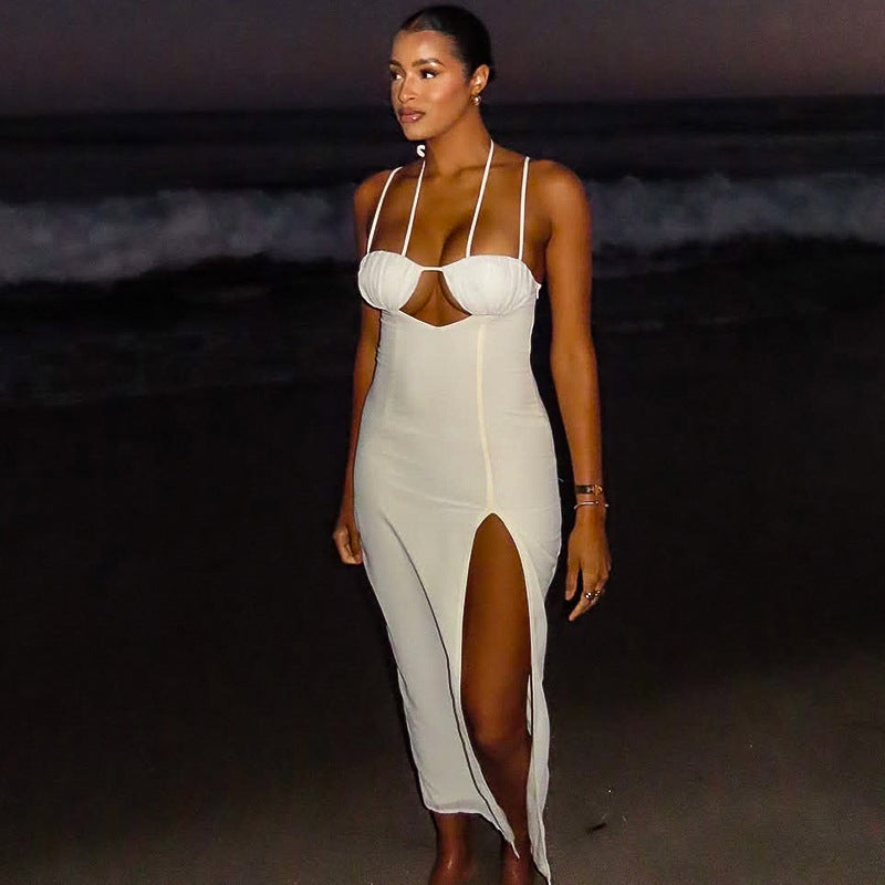 Hollow Out Cutout Solid Color Sheath Split Asymmetric Slim Fit Backless Halter Length Dress Women