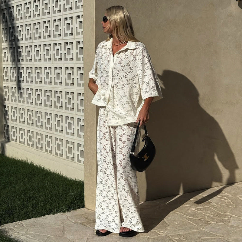 Seaside Solid Color Knitted Beach Pants Collared Blouse Sun Protection White Suit Women Two Piece Sets