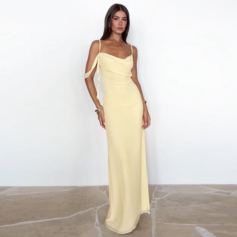 Women Clothing Summer French Sexy Low Cut Solid Color Sling Backless Dress