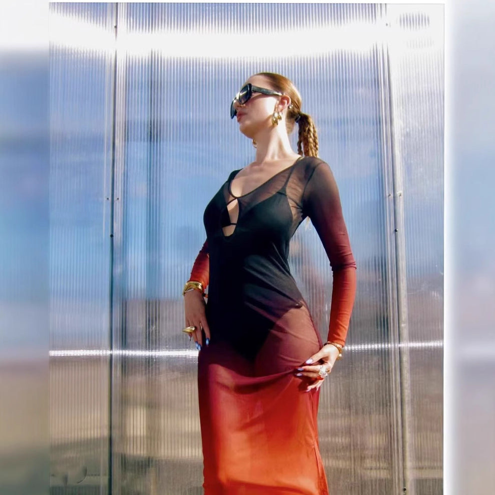 Spring Summer Color Contrast Gradient Transparent Hollow Out Cutout Split Vacation Beach Dress