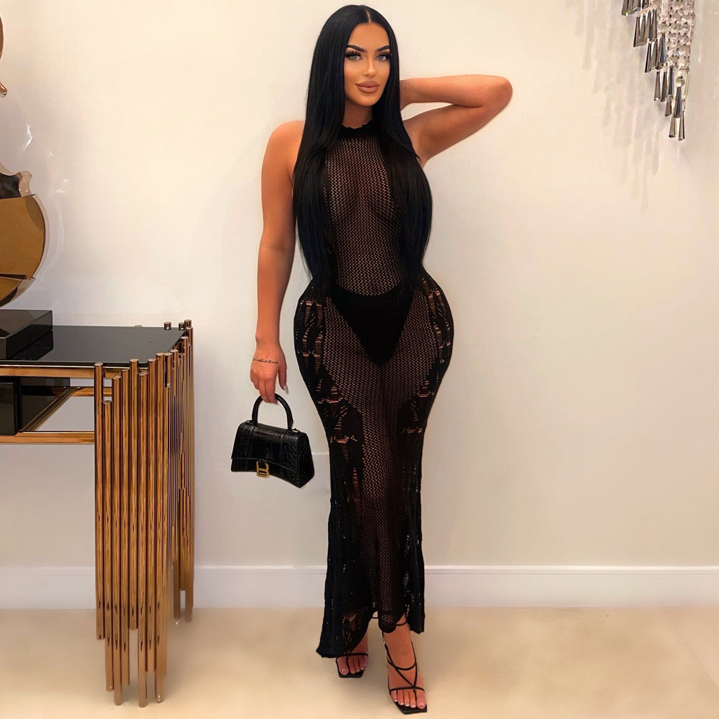 Summer Sexy Women Dress Fashionable Knitted Hollow Out Cutout Beach Dress