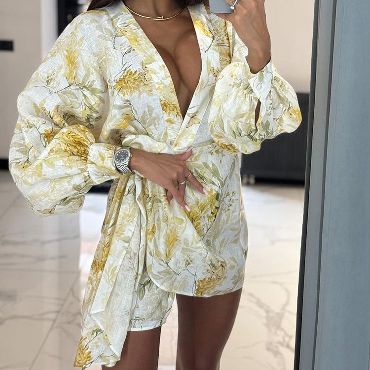 French Digital Printing Long Sleeve V neck Design Irregular Asymmetric Hem Cardigan Dress